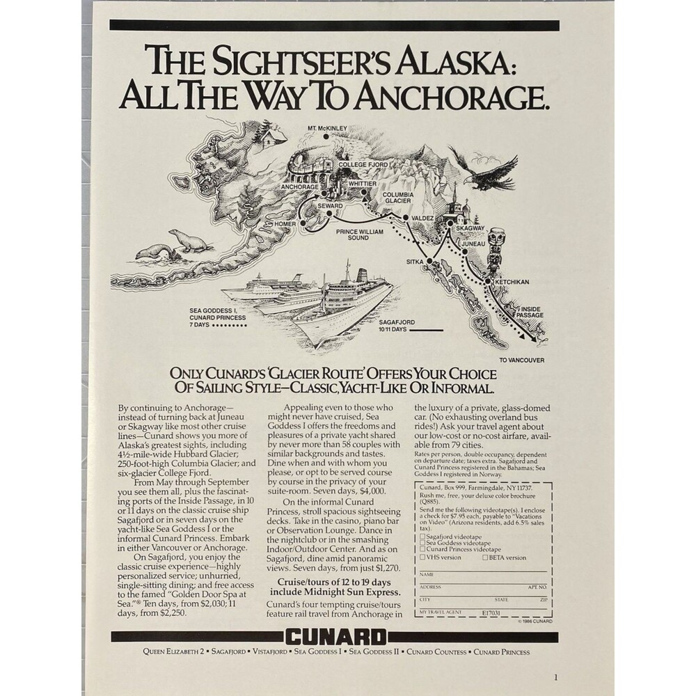 CUNARD "The Sightseer's Alaska: All The Way to Anchorage" Vintage Print Ad 1987